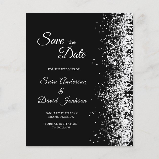 Budget Black Glitter Save the Date Invitation (Front)