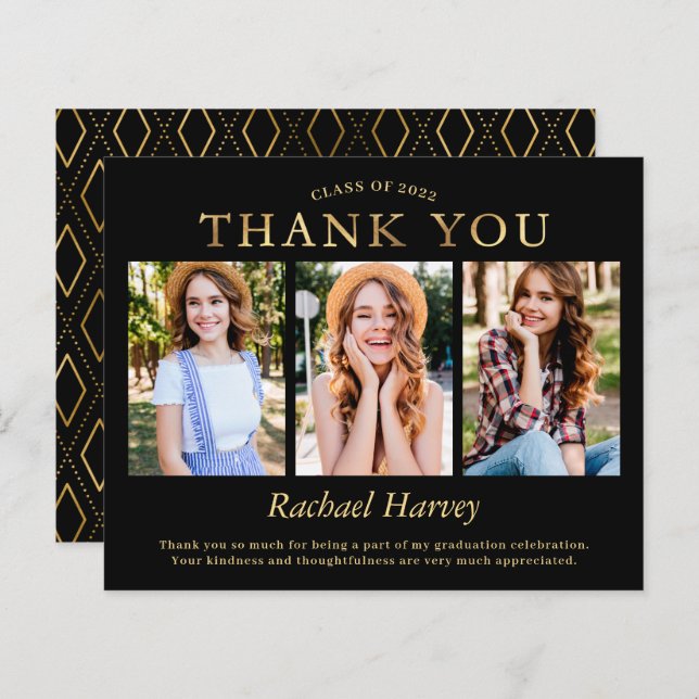 Budget Black Gold 3 Photo Graduation Thank You (Front/Back)