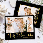 Budget Black Gold 5 Photo Collage Christmas Card<br><div class="desc">Budget Elegant Modern Calligraphy Script Simple Black and Gold 5 Photo Collage Multi Photo Christmas Card. This festive, minimalist, five (5) photo holiday card features a pretty photo collage, 3 pine tree doodle, „Merry Christmas” greeting text which is written in a whimsical hand lettered signature font type. On the reverse...</div>