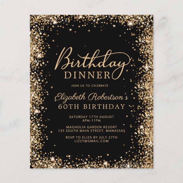 Budget Black Gold 60th Birthday Dinner Invitation (Front)
