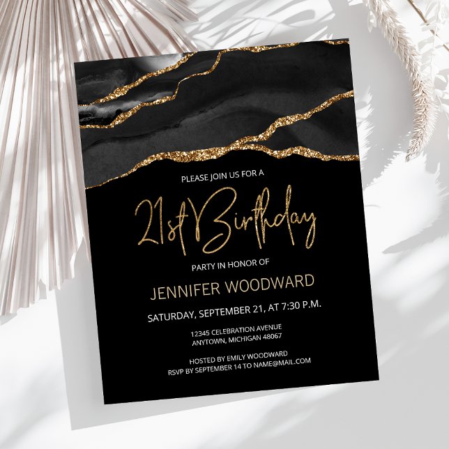 Budget Black Gold Agate 21st Birthday Invitation (Creator Uploaded)