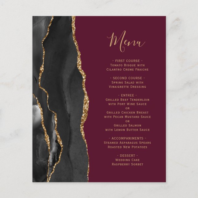 Budget Black Gold Agate Burgundy Wedding Menu (Front)