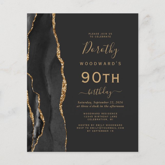 Budget Black Gold Agate Dark 90th Birthday Invite (Front)