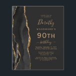 Budget Black Gold Agate Dark 90th Birthday Invite<br><div class="desc">The left-hand edge of this elegant modern birthday party invitation features a black watercolor agate border trimmed with faux gold glitter. The customisable text combines gold-coloured handwriting,  copperplate and italic fonts on a slate black background. The reverse side features a matching black and gold agate design.</div>