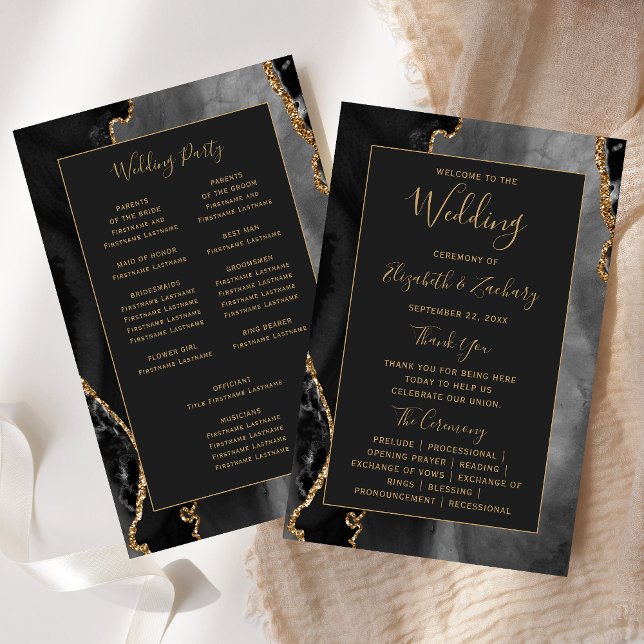 Budget Black Gold Agate Dark Wedding Program (Creator Uploaded)
