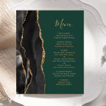 Budget Black Gold Agate Green Wedding Menu<br><div class="desc">The left-hand edge of this elegant modern wedding menu features a black watercolor agate border trimmed with faux gold glitter. The customisable text combines gold-coloured handwriting script and copperplate fonts on a dark emerald green background. The reverse side features a matching black and gold agate design.</div>