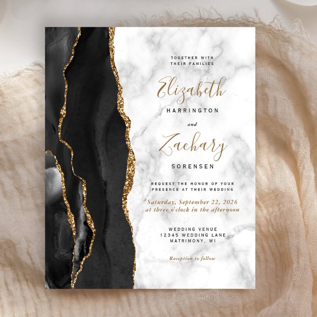 Budget Black Gold Agate Marble Wedding Invitation (Creator Uploaded)