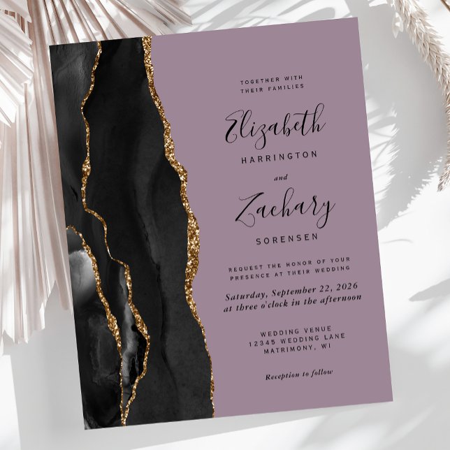 Budget Black Gold Agate Mauve Wedding Invitation (Creator Uploaded)