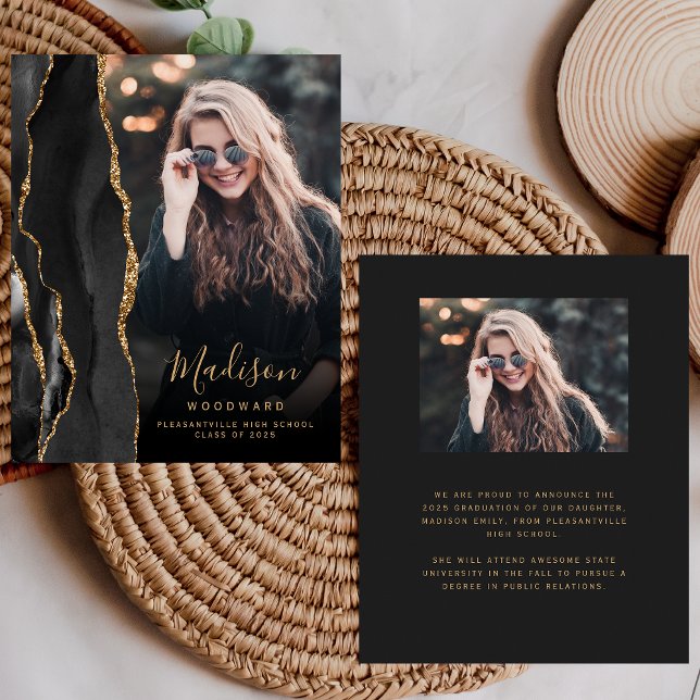 Budget Black Gold Agate Photo Grad Announcement (Creator Uploaded)