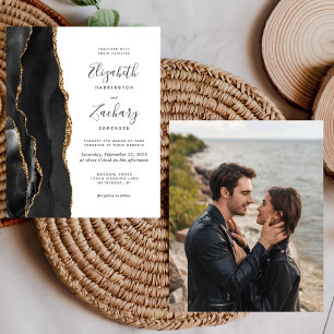 Budget Black Gold Agate Photo Wedding Invite