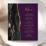 Budget Black Gold Agate Purple Wedding Menu<br><div class="desc">The left-hand edge of this elegant modern wedding menu features a black watercolor agate border trimmed with faux gold glitter. The customisable text combines gold-coloured handwriting script and copperplate fonts on a purple background. The reverse side features a matching black and gold agate design.</div>