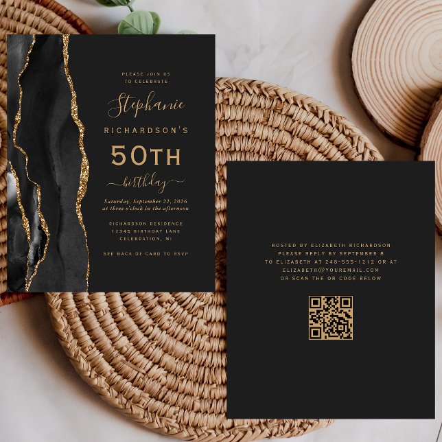 Budget Black Gold Agate QR Code 50th Birthday (Creator Uploaded)