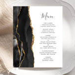 Budget Black Gold Agate Wedding Menu<br><div class="desc">The left-hand edge of this elegant modern wedding menu features a black watercolor agate border trimmed with faux gold glitter. The customizable text combines charcoal gray handwriting script and copperplate fonts on a white background. The reverse side features a matching black and gold agate design.</div>