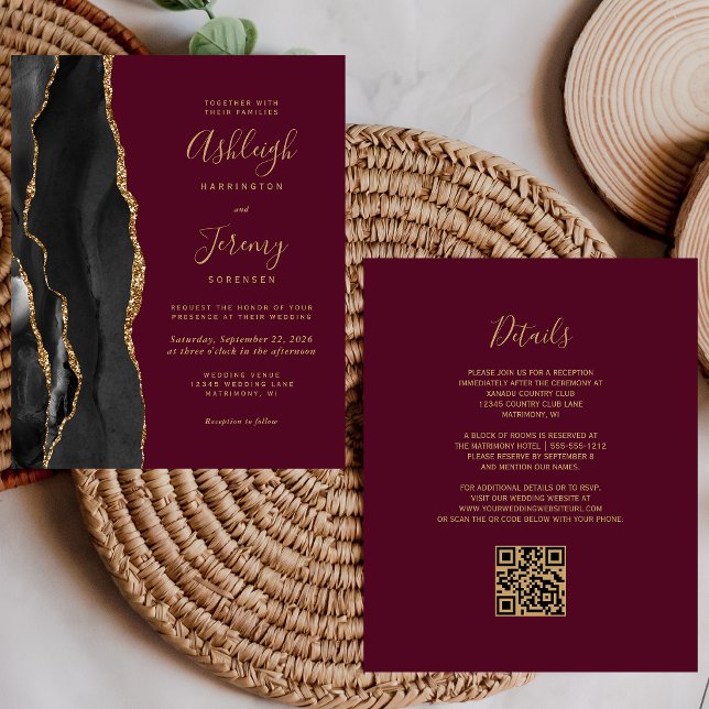 Budget Black Gold Burgundy QR Code Wedding Invite (Creator Uploaded)
