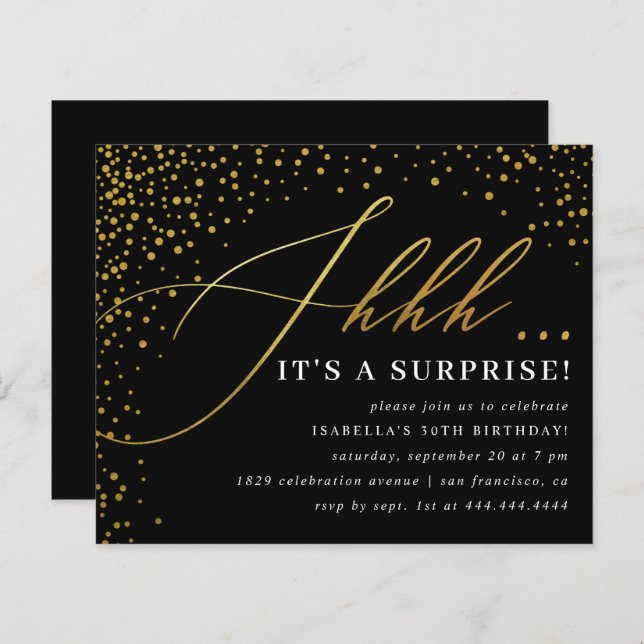 Budget Black & Gold Confetti Script Surprise Party (Front/Back)