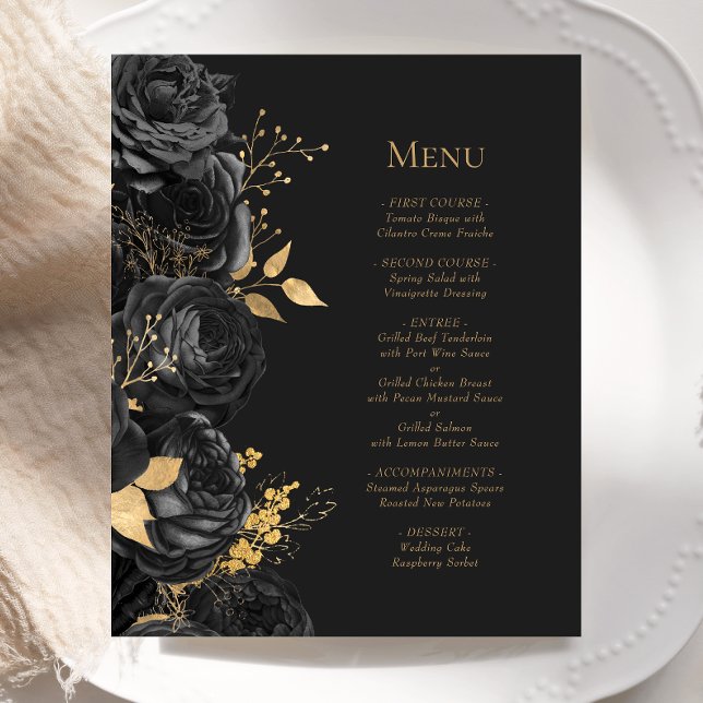Budget Black Gold Dark Floral Wedding Menu (Creator Uploaded)