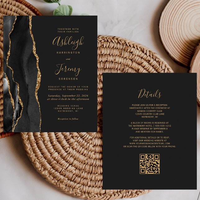 Budget Black Gold Dark QR Code Wedding Invitation (Creator Uploaded)