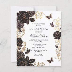 Budget Black Gold Floral Butterfly Quinceañera