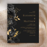 Budget Black Gold Floral Dark Wedding Invitation<br><div class="desc">This dark,  moody floral wedding invitation features a border of black flowers set off with gold faux foil foliage. The names of the couple appear in classic gold-coloured serif font,  with the remaining text in italics,  on an off-black background.</div>