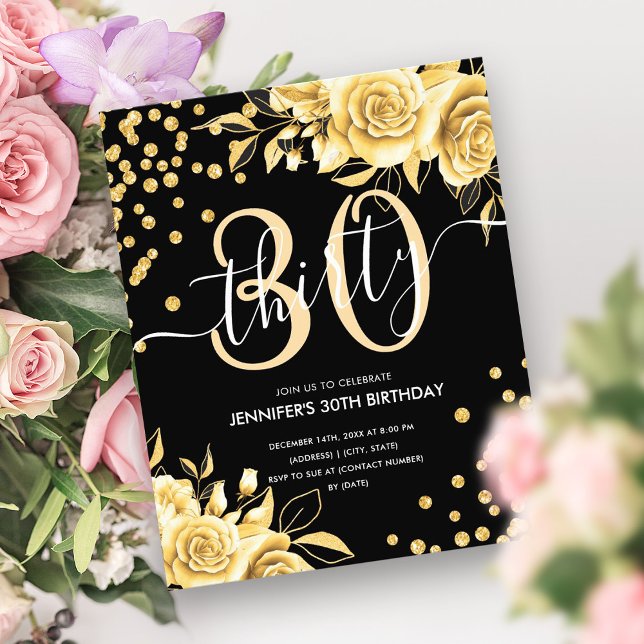 Budget Black Gold Floral Glitter 30th Birthday  Flyer (Budget Black Gold Floral Glitter 30th Birthday Flyer)