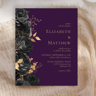 Budget Black Gold Floral Purple Wedding Invitation