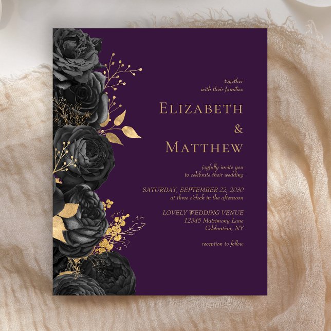 Budget Black Gold Floral Purple Wedding Invitation (Creator Uploaded)