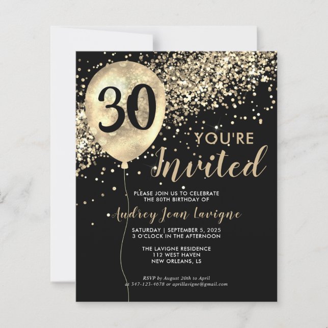 Budget Black Gold Glam Balloon Birthday Invitation (Front)