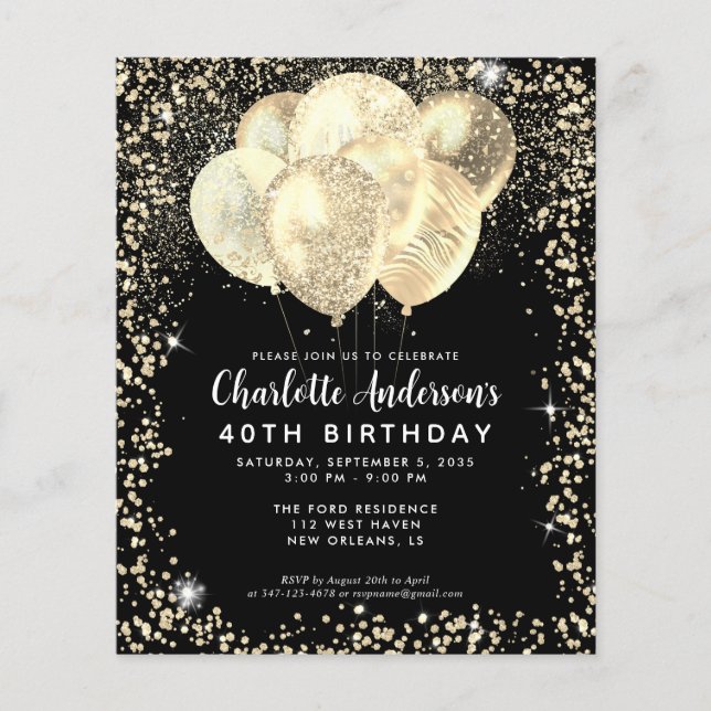 Budget Black Gold Glam Glitter Balloon Birthday (Front)
