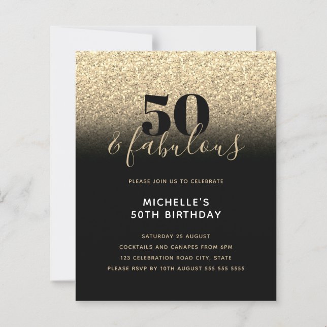 Budget Black Gold Glitter 50th Birthday Invitation (Front)