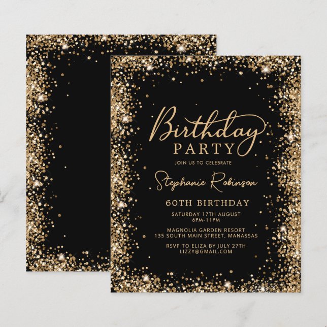 Budget Black Gold Glitter 60th Birthday Invitation (Front/Back)