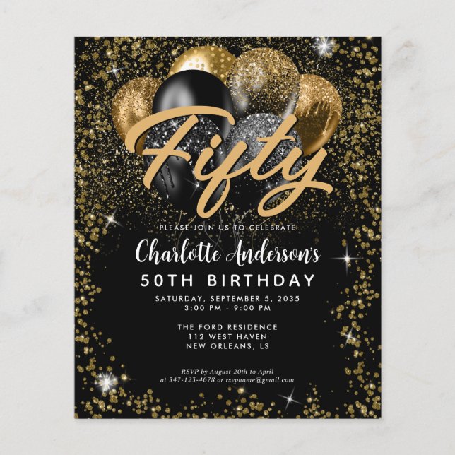 Budget Black Gold Glitter Balloon Any Age Birthday Flyer (Front)