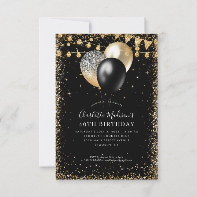 Budget Black Gold Glitter Lights Balloon Birthday Card (Front)