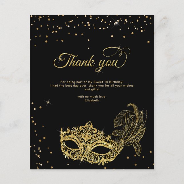 BUDGET Black Gold Glitter Masquerade Thank You (Front)