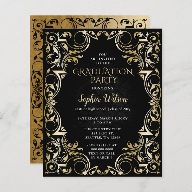 Budget Black Gold Graduation Invitation (Front/Back)
