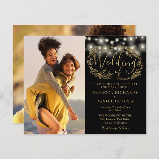 Budget Black Gold Lights 2 Photo Wedding Invite (Front/Back)