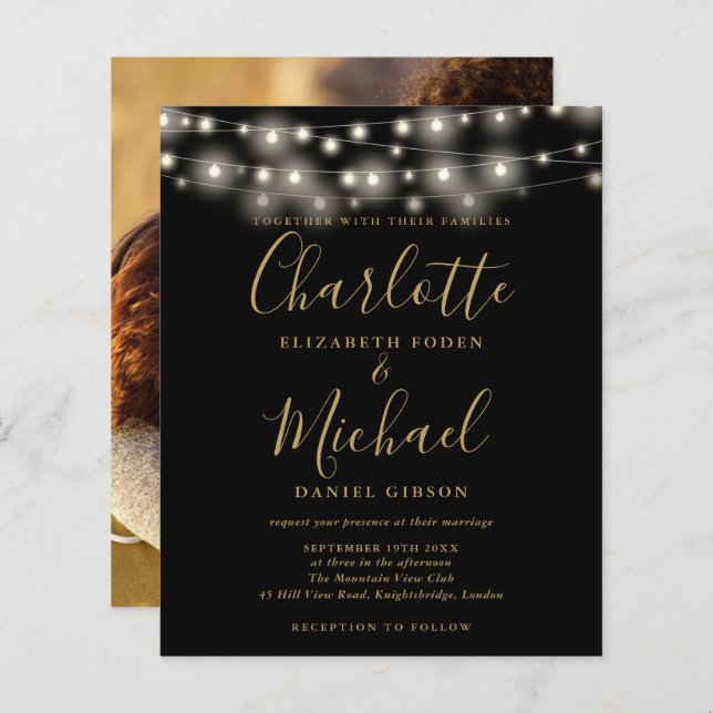 Budget Black Gold Lights Photo Wedding Invitation (Front/Back)