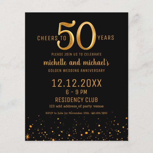 Budget Black & Gold Photo 50th Anniversary Invite (Front)