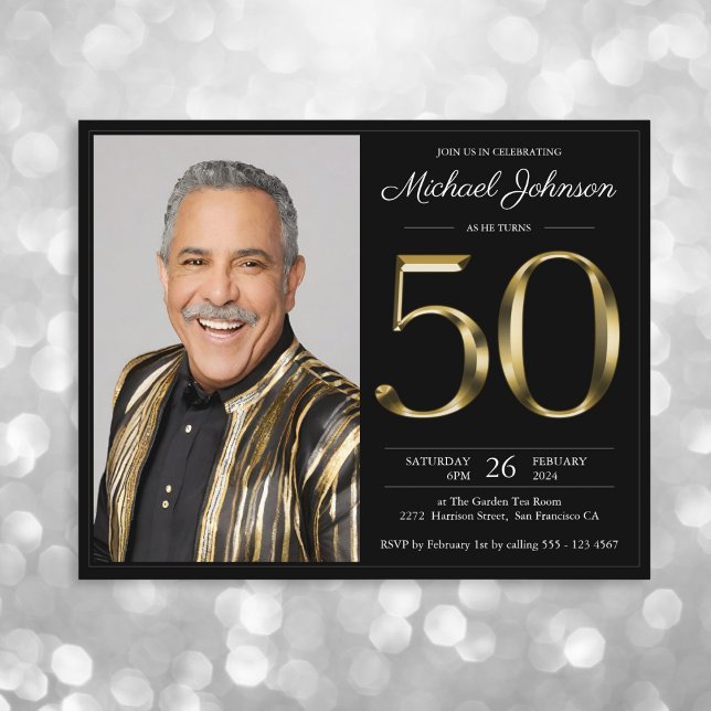 Budget Black Gold Photo 50th Birthday Invitation (Mockup View)