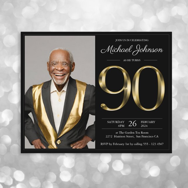 Budget Black Gold Photo 90th Birthday Invitation (Mockup View)