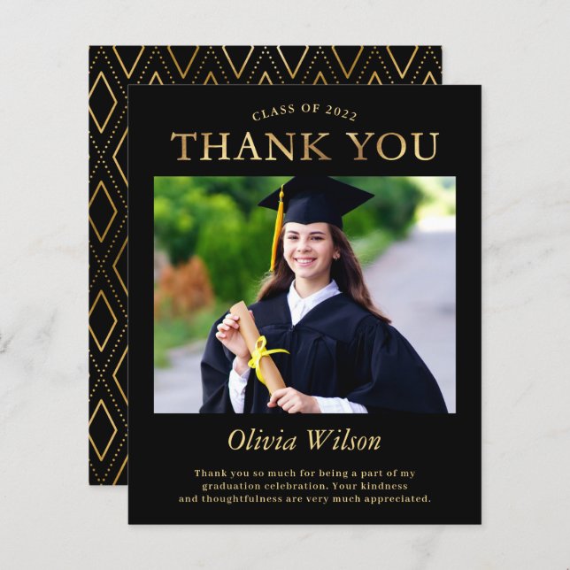 Budget Black Gold Photo Graduation Thank You (Front/Back)