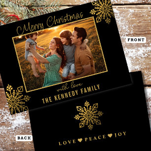Budget Black Gold Snowflake Merry Christmas Photo Card