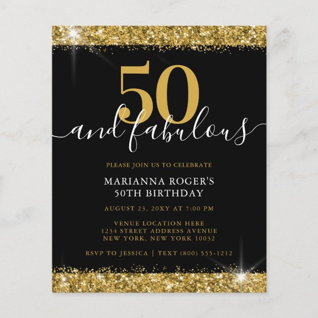 Budget Black Gold Sparkle 50th Birthday Invitation (Front)