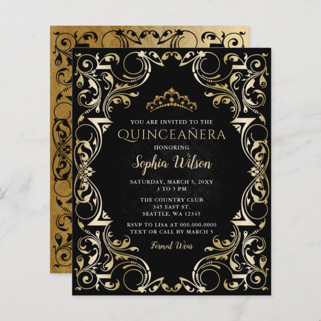 Budget Black Gold Tiara Quinceañera Invitation (Front/Back)