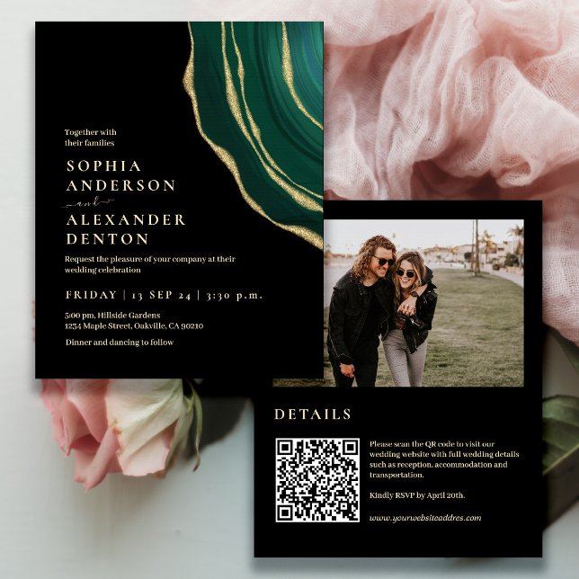 Budget black green Photo QR code wedding invite (Creator Uploaded)