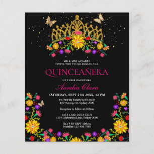 Budget Black Mexican Floral Gold Tiara Quinceanera