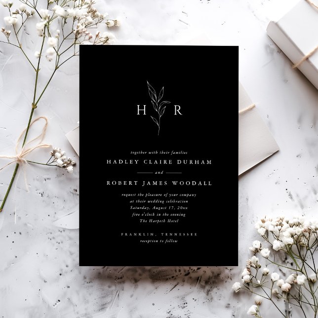 Budget Black Minimal Monogram Botanical Wedding Invitation (Creator Uploaded)