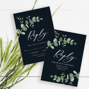 Budget black modern chic eucalyptus wedding RSVP