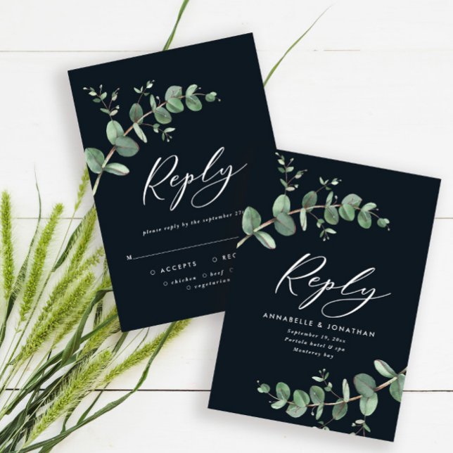 Budget black modern chic eucalyptus wedding RSVP (Creator Uploaded)
