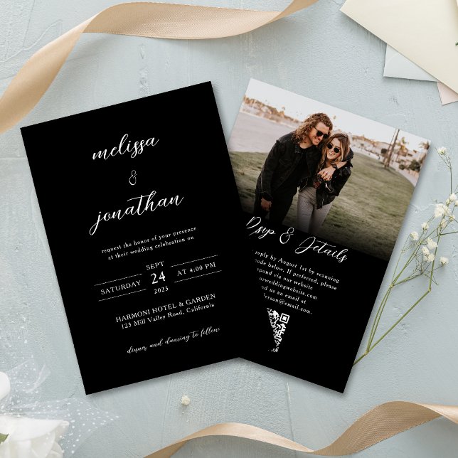 Budget Black Modern Photo Script QR code Wedding Invitation (Creator Uploaded)