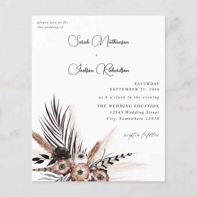 Budget Black & Natural Floral Boho Wedding Flyer (Front)